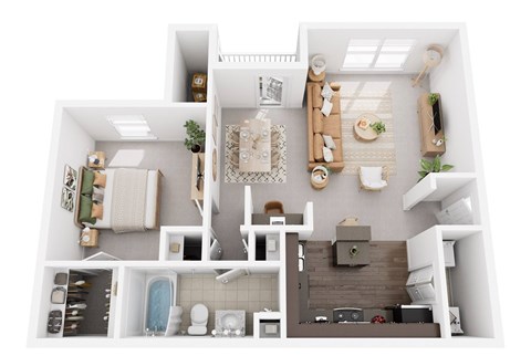 A 3D floor plan of an apartment with a kitchen, living room, and bathroom.